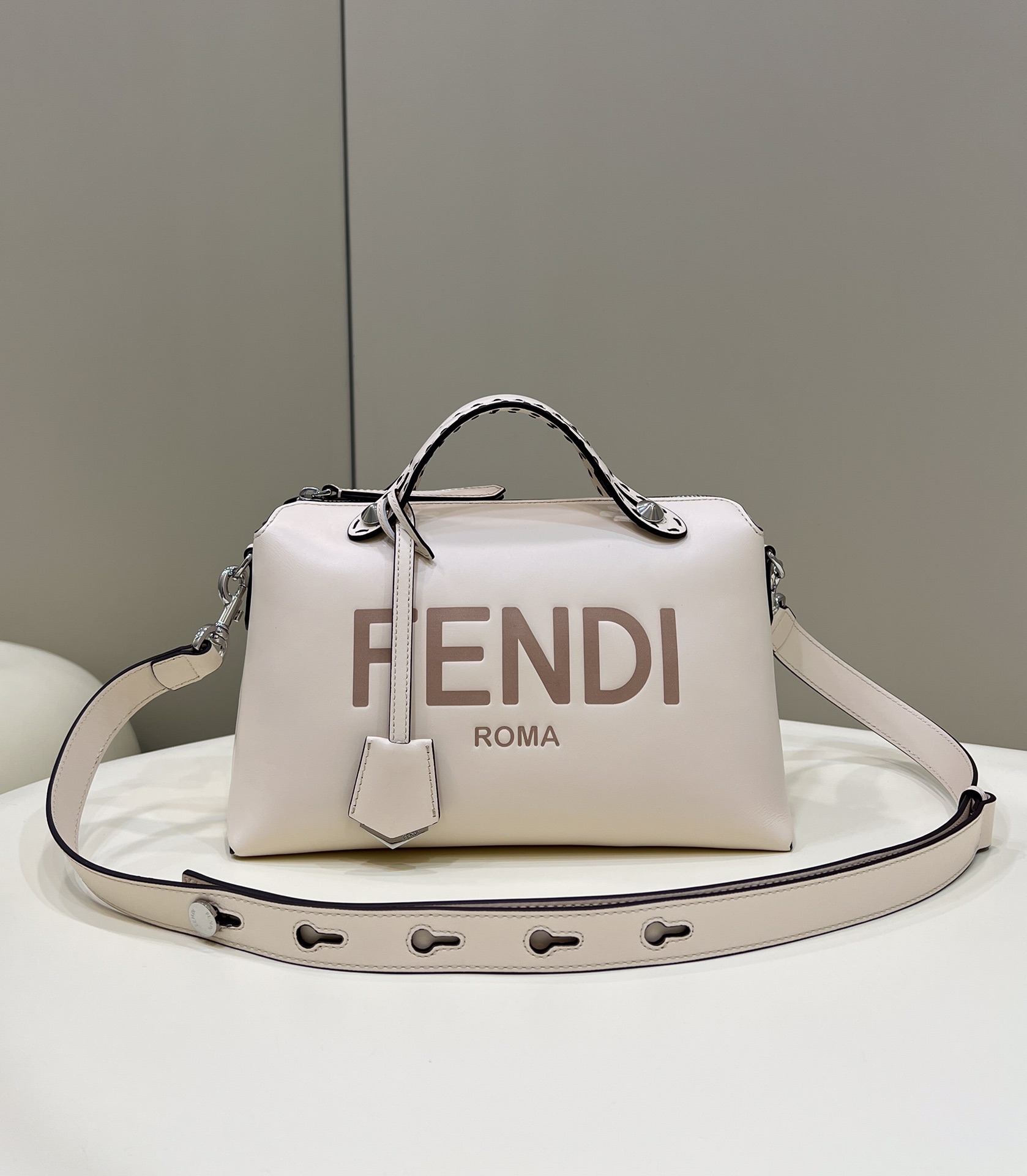 Fendi Medium By The Way Leather Boston Shoulder Bag White